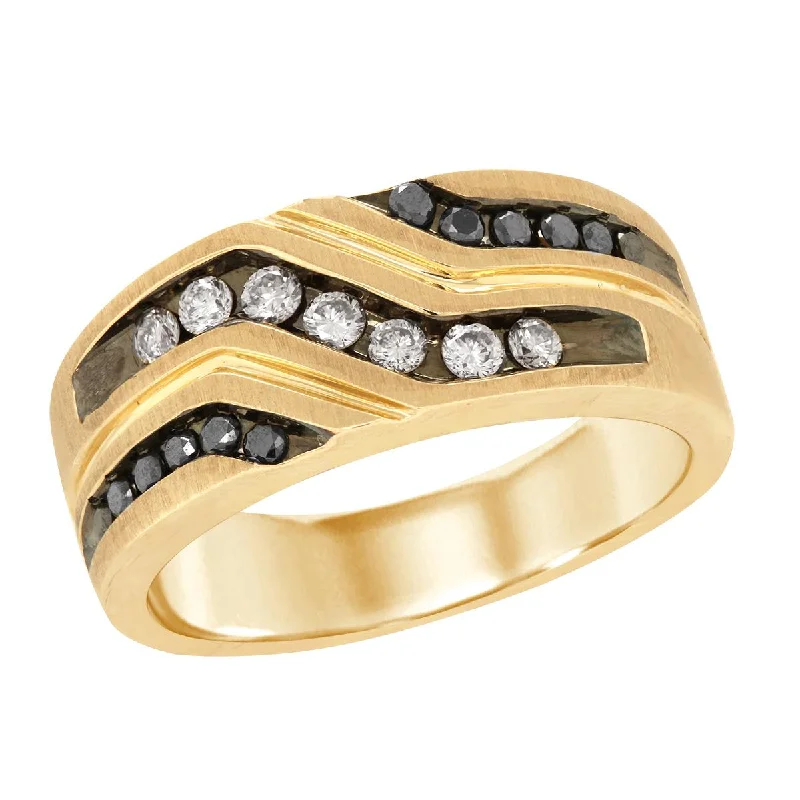 birthstone ladies ring-MEN'S YELLOW GOLD FASHION RING WITH BLACK AND WHITE DIAMONDS, 1/2 CT TW