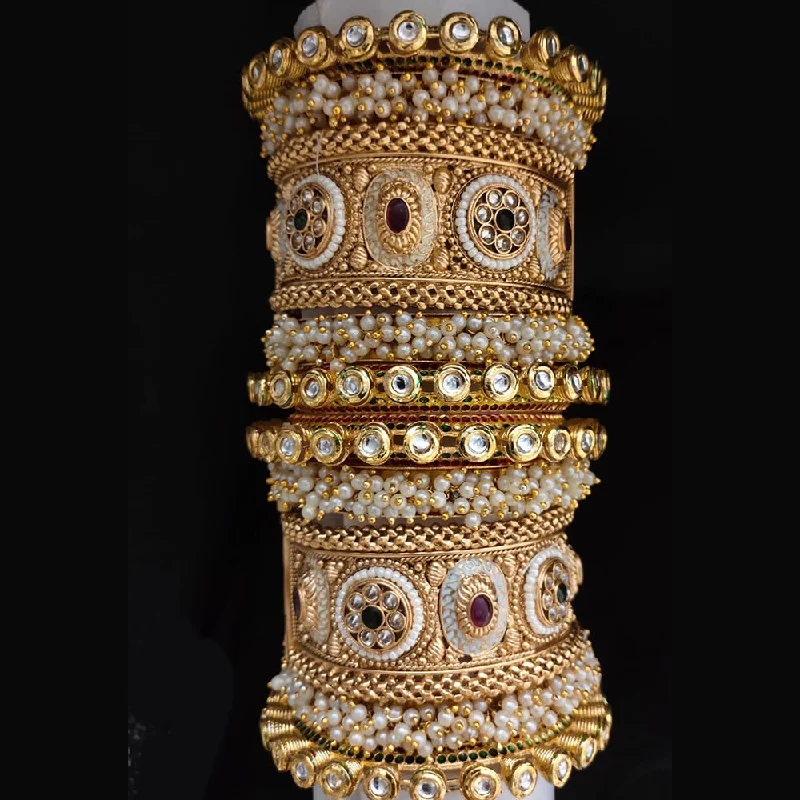 layered chain pearl ladies bracelet-Lucentarts Jewellery Gold Plated Kundan And Pearl Bangles Set