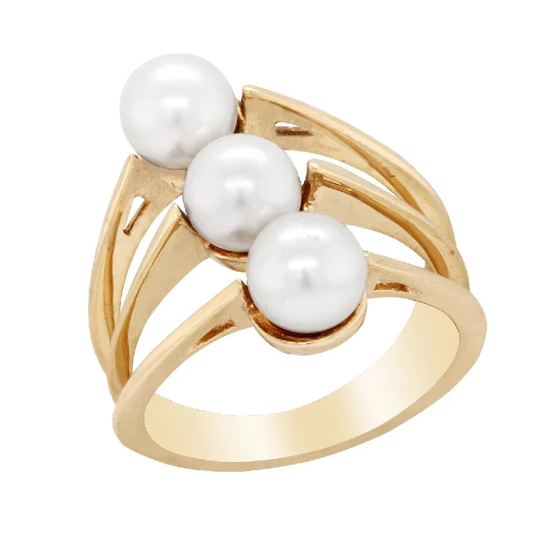 hidden halo ladies ring-YELLOW GOLD FASHION RING WITH OPEN SHANK AND 3 PEARLS