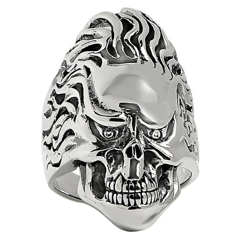 cathedral setting ladies ring-Sterling Silver Skull Flaming Hair Ring / SSR0025