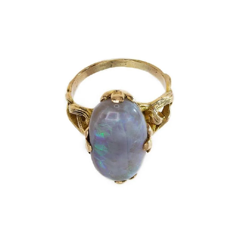 art deco ladies ring-Large Opal on a Carved Circlet of Gold