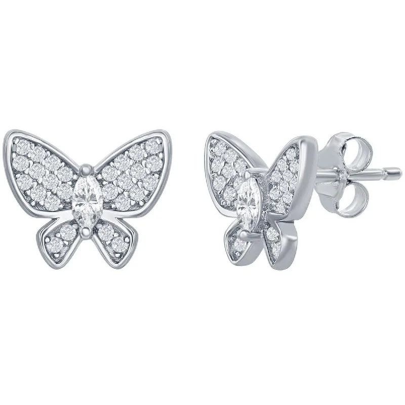 layered chain ladies earrings-Classic Women's Earrings - Sterling Silver White CZ Stone Butterfly Stud | D-7536