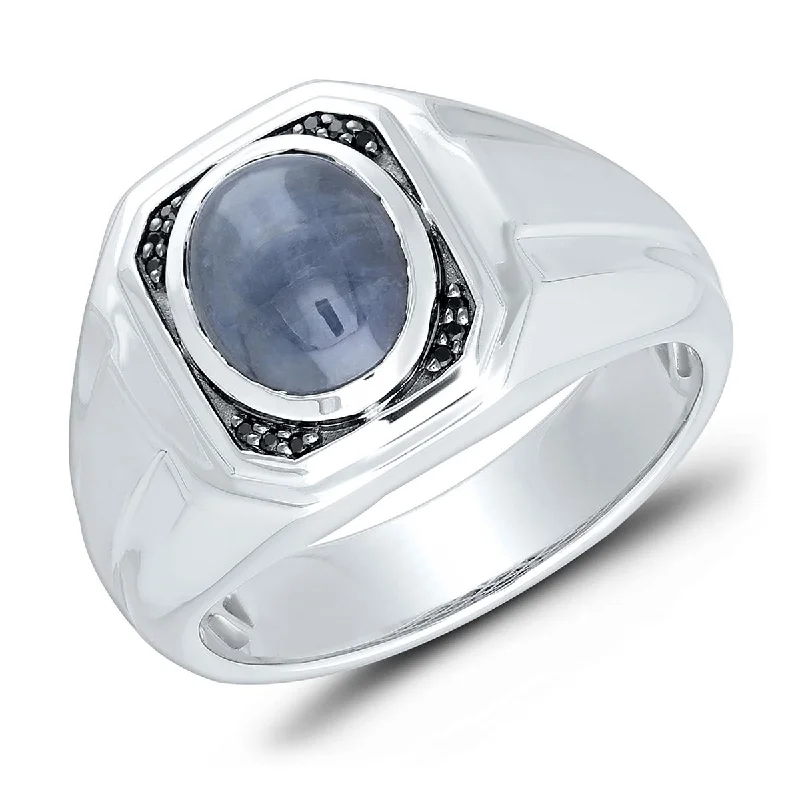 celestial diamond ladies ring-MEN'S WHITE GOLD FASHION RING WITH OVAL SHAPED CABOCHON CUT SAPPHIRE AND SIDE BLACK DIAMONDS, .03 CT TW