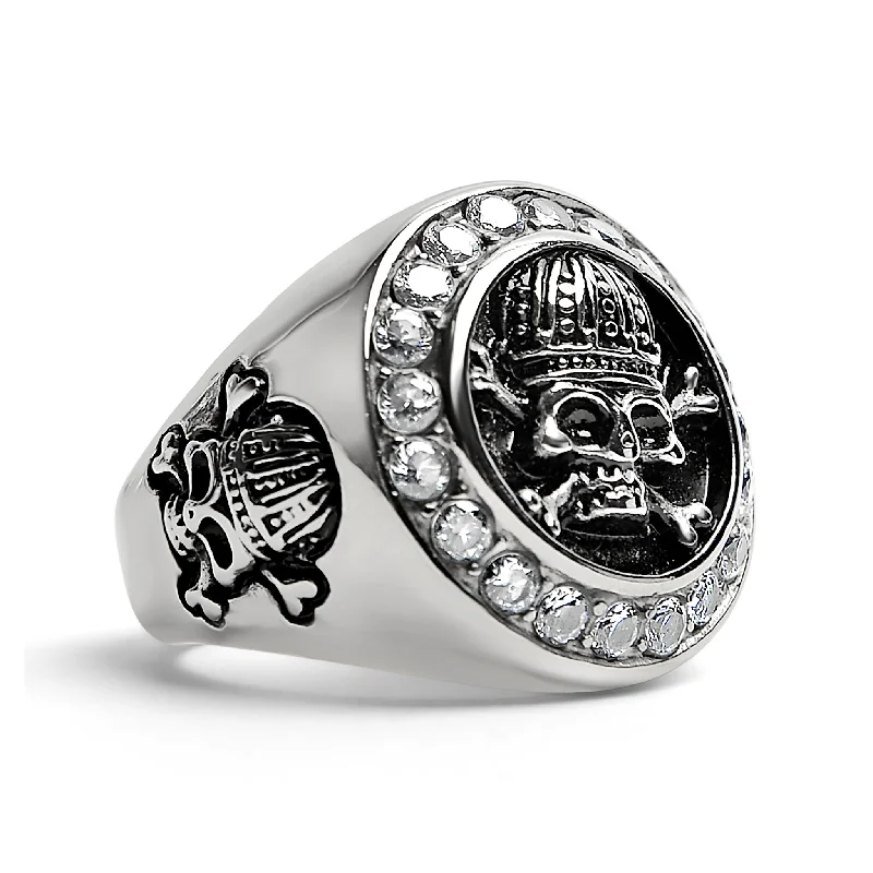 lattice setting ladies ring-Stainless Steel King Skull And Crossbones With CZ Accent Stones Signet Ring / SCR4052