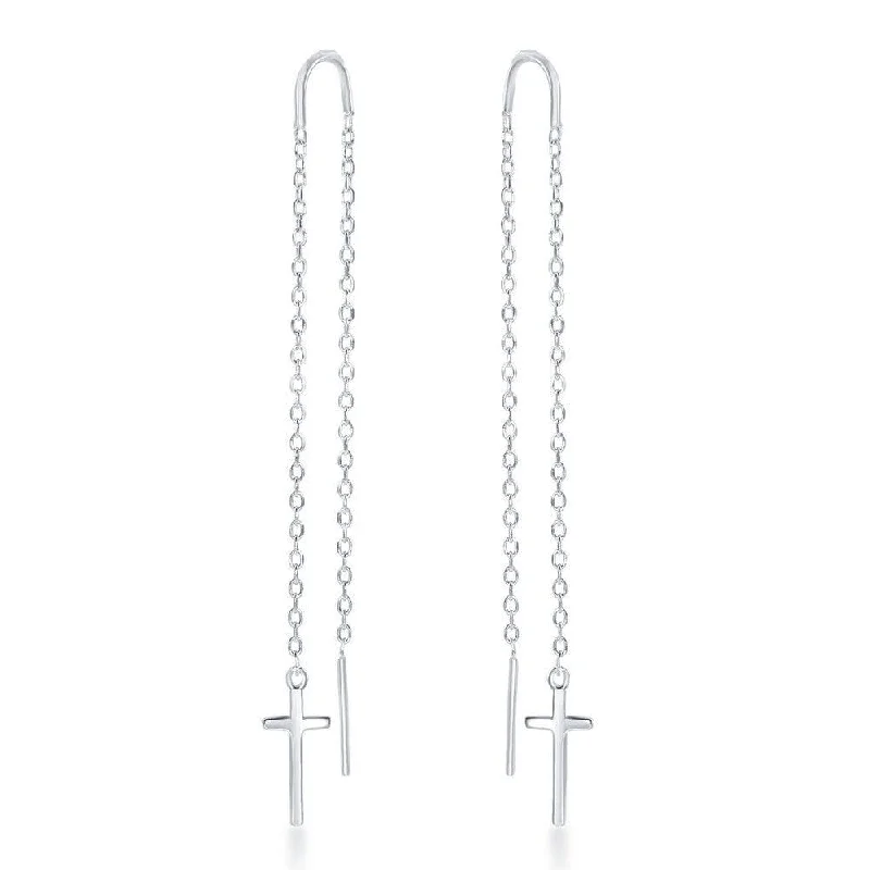 clip-on ladies earrings-Sterling Silver Cross with Chain Threader Earrings