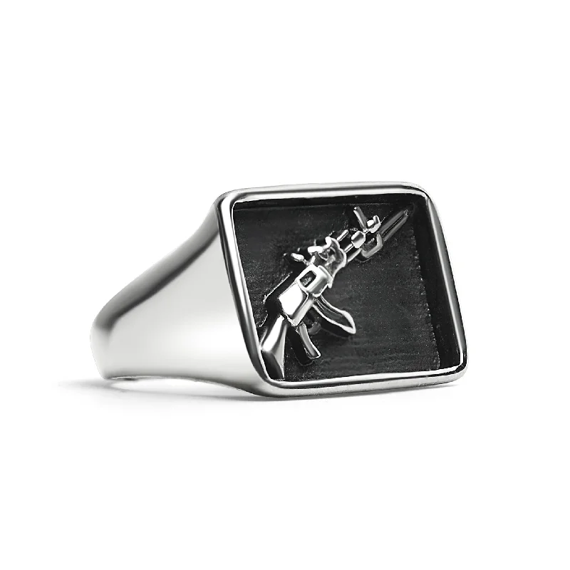 high-end designer ladies ring-Stainless Steel AK-47 Gun Signet Ring / SCR4078