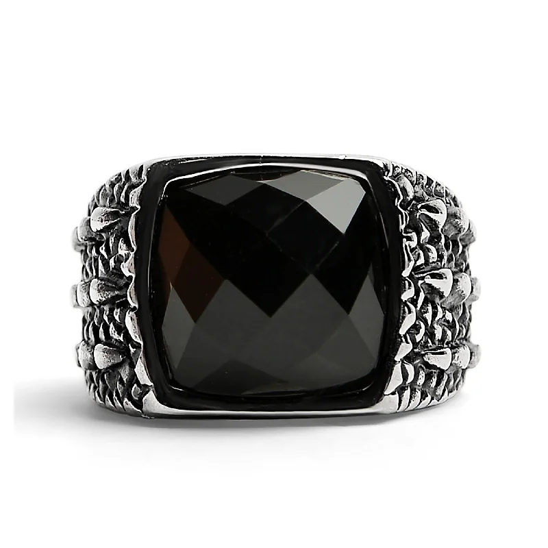 high-end designer ladies ring-Detailed Cubed Center Black Stone Stainless Steel Ring / SCR4020