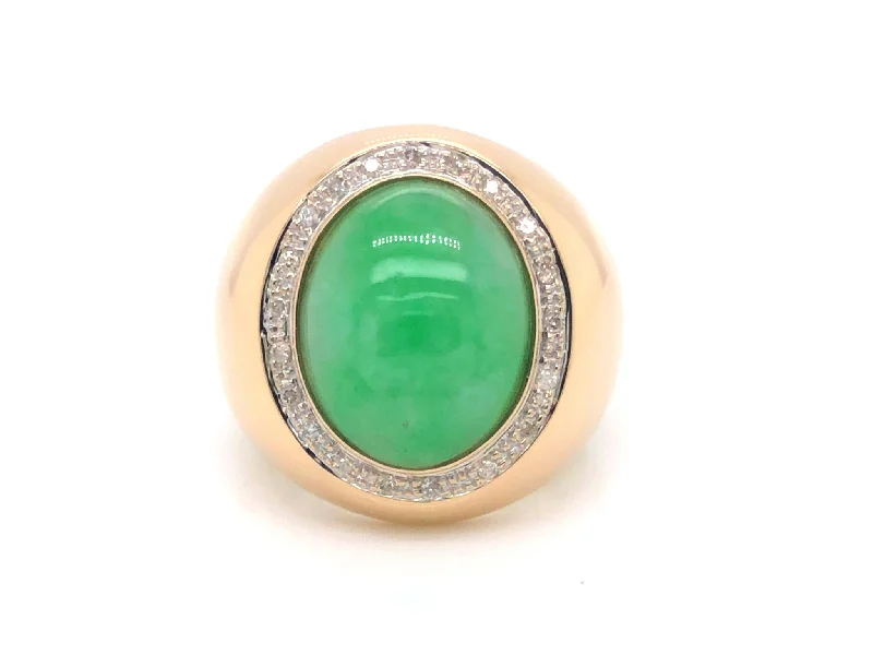 delicate band ladies ring-Men's Oval Light Green Jade and Diamond Halo Ring - 14k Yellow Gold