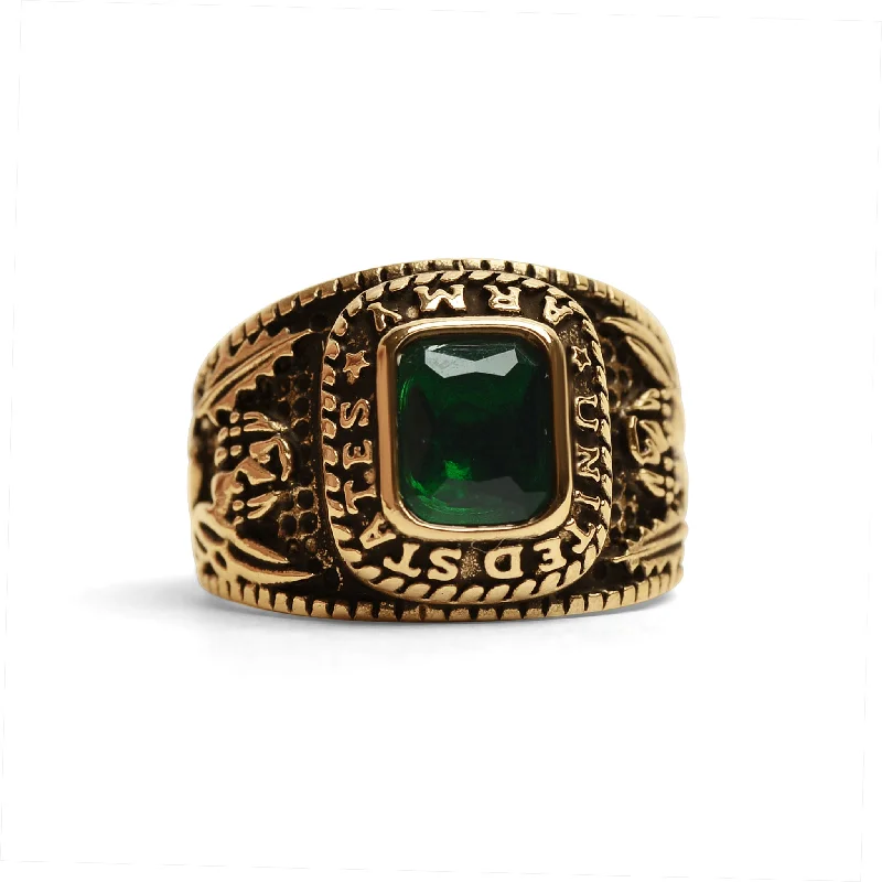 birthstone ladies ring-Gold United States Army Green Center Stone Stainless Steel Ring / MCR6005