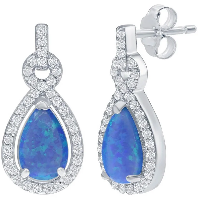 vintage ladies earrings-Opalata Women's Earrings - Blue Opal Pearshaped with White CZ Stone Border | D-7931