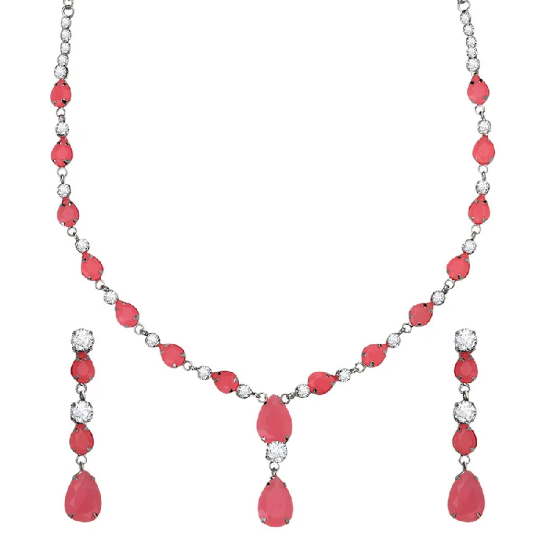 platinum ladies necklace-Mahi Rhodium Plated Cute & Delicate Pink Crystals Necklace Set for Women (NL1103805RPin)