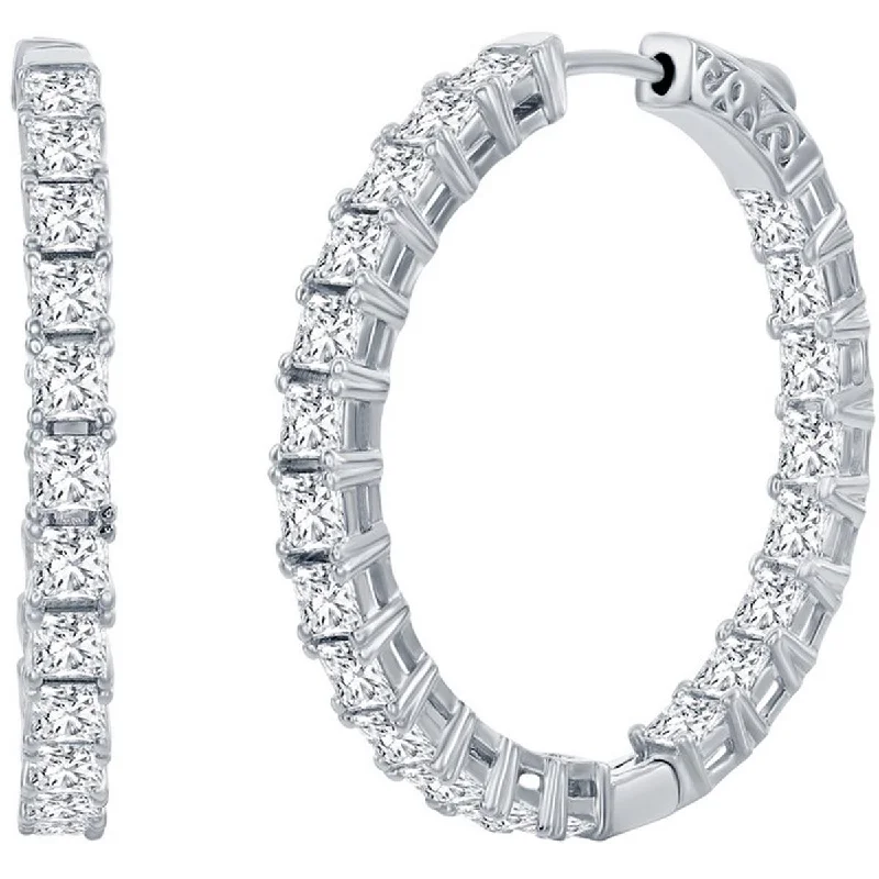 designer brand ladies earrings-Classic Women's Earrings - Silver 3x35mm Square White CZ Inside Outside Hoop | D-7978