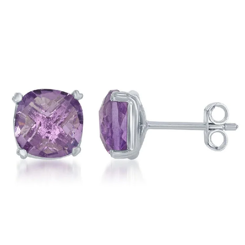 floral design ladies earrings-Sterling Silver 8mm Cushion-cut Amethyst Stud Earrings