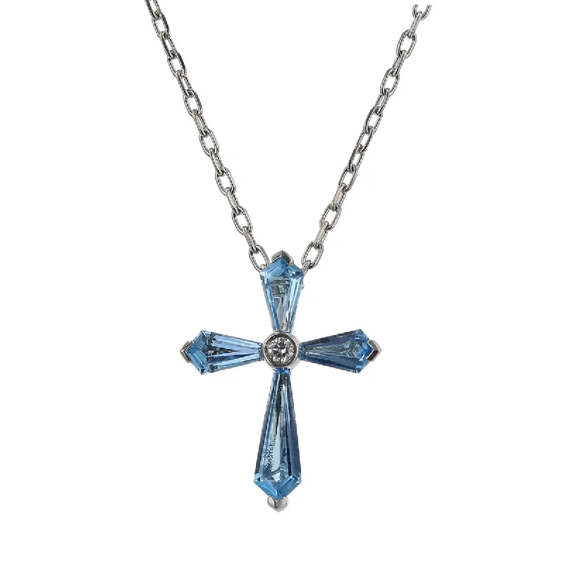 luxury brand ladies necklace-Swiss Blue Topaz and Diamond Cross Pendant Necklace