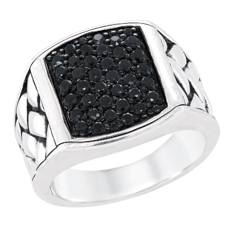 minimalist thin band ladies ring-MEN'S STERLING SILVER FASHION RING WITH BLACK SAPPHIRE CLUSTER SETTING