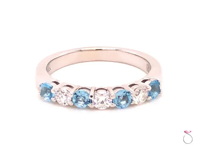 tapered baguette ladies ring-Aquamarine and Diamond Anniversary Band, Designer Ring in 14k White Gold