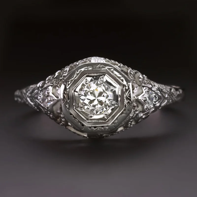 antique filigree engagement ring for women-ART DECO DIAMOND RING OLD EUROPEAN CUT F SI1 VINTAGE FILIGREE 14k WHITE GOLD