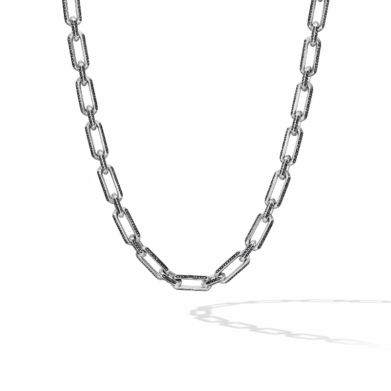 modern twisted ladies necklace-Elongated Open Chain Link Necklace in Sterling Silver with Pave Black Diamonds