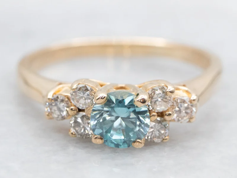 two-piece wedding set engagement ring for women-Yellow Gold Blue Zircon and Diamond Ring