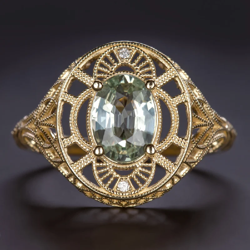 petite engagement ring for women-1.17ct GREEN SAPPHIRE DIAMOND RING VINTAGE STYLE ART NOUVEAU FILIGREE 14k GOLD