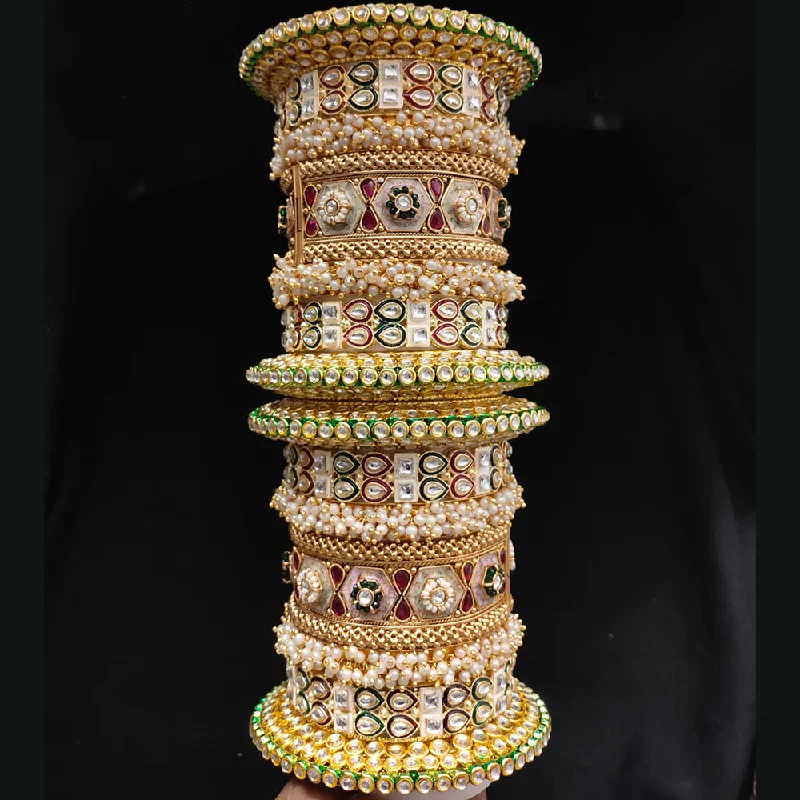 dainty ladies bracelet-Lucentarts Jewellery Gold Plated Kundan And Pearl Bangles Set