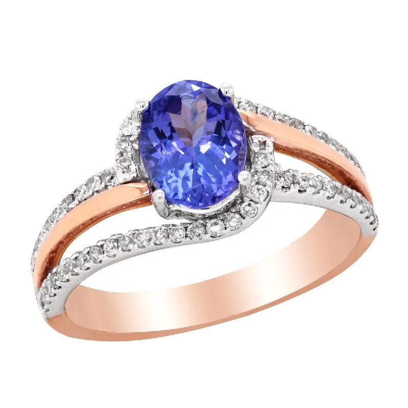 halo ladies ring-TWO-TONE GOLD FASHION RING WITH OVAL CUT TANZANITE, .29 CT TW