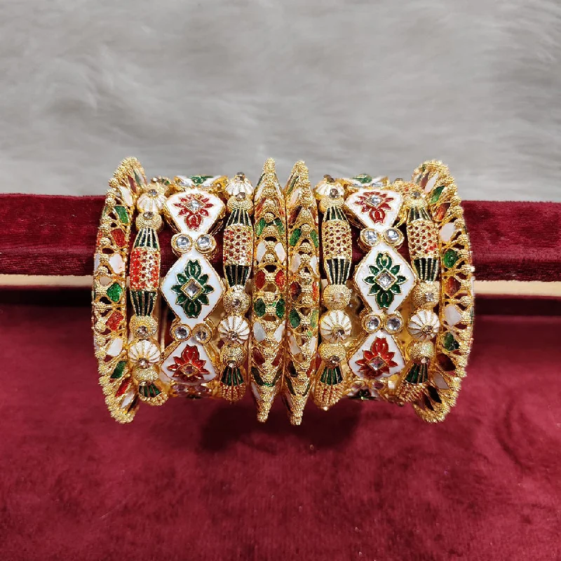 rope twist ladies bracelet-Pooja Bangles Gold Plated Kundan Stone And Meenakari Bangles Set