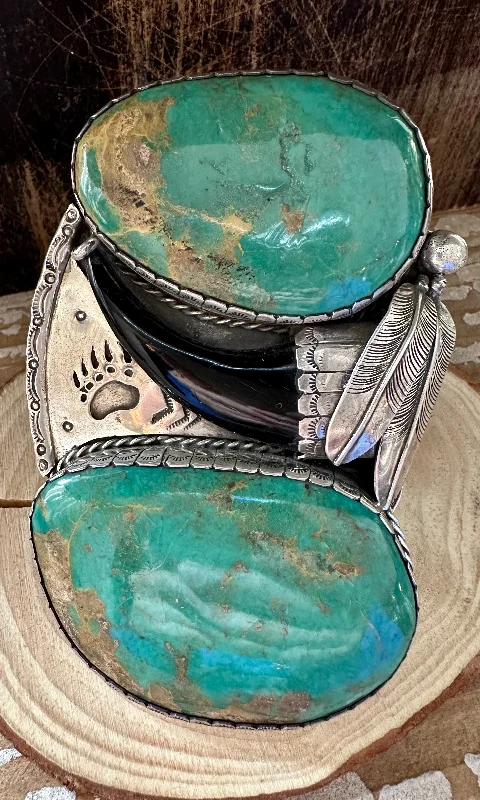 tribal design ladies bracelet-TWO FEATHERS Sandy Sangster Huge Navajo  Silver and Turquoise Cuff