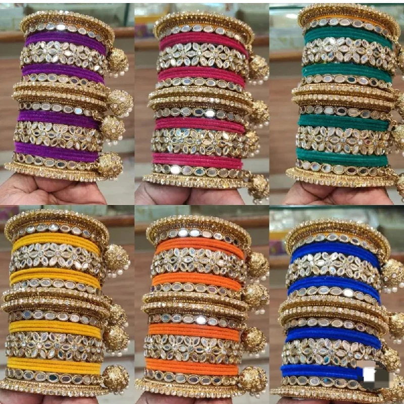 gemstone bead ladies bracelet-Pooja Bangles Gold Plated Mirror And Velvet Bangles Set