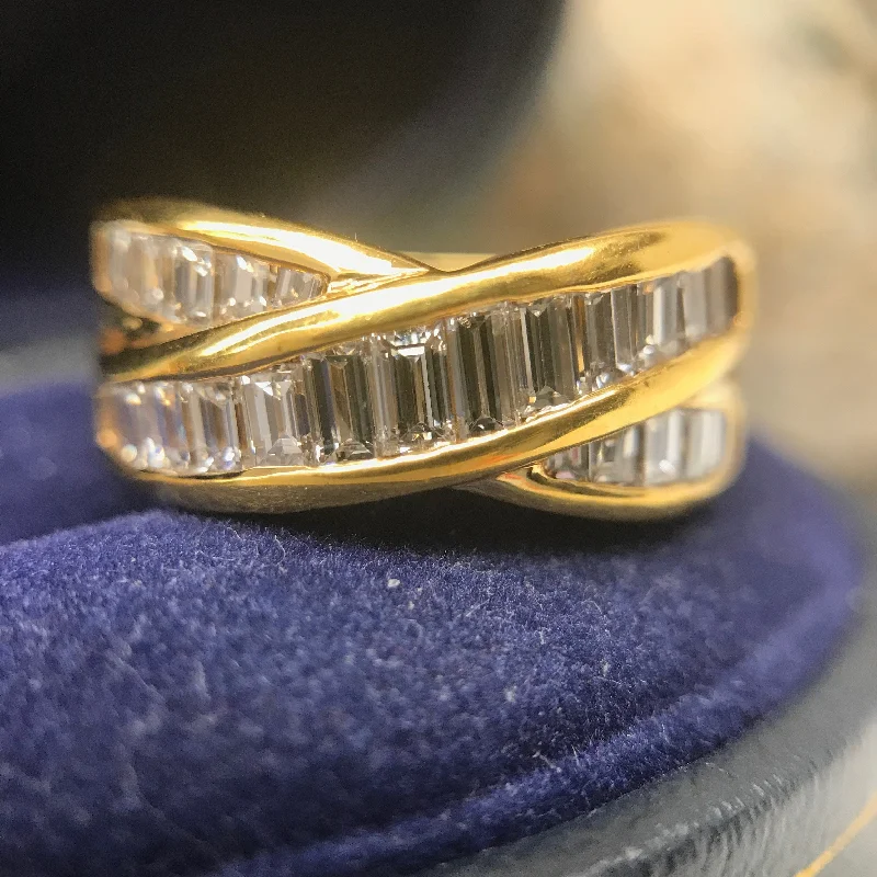 vintage-inspired ladies ring-Retro Baguette Diamond Crossover Band