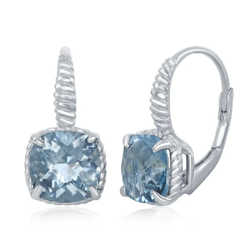 small hoop ladies earrings-Sterling Silver Four-Prong Square Blue Topaz with Rope Design Border Earrings