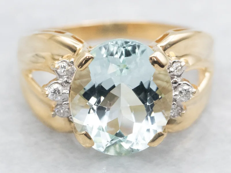 layered band diamond engagement ring for women-Modern Gold Aquamarine and Diamond Ring