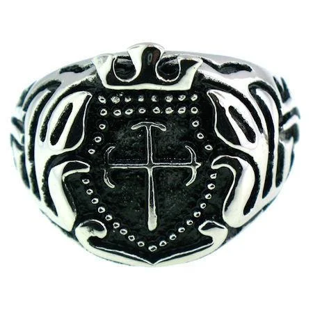 twisted band ladies ring-Stainless Steel Studded Filigree Cross Signet Ring / CRJ2564