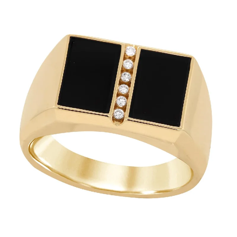 round-cut ladies ring-MEN'S YELLOW GOLD RING WITH DIAMONDS AND BLACK AGATE, .06 CT TW