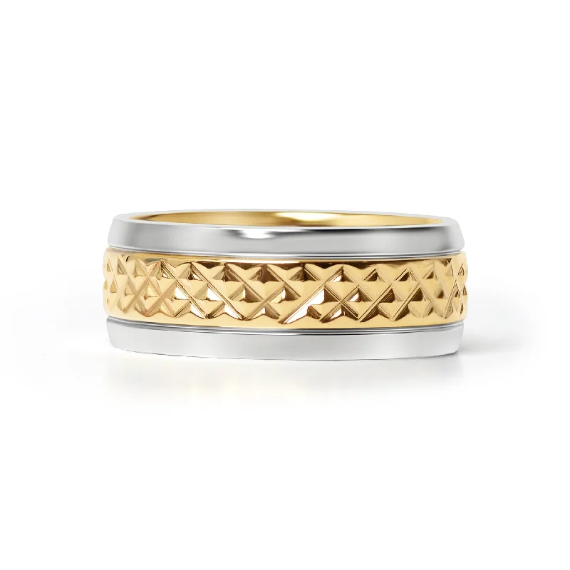 milgrain edge ladies ring-Gold Diamond Pattern Inlay with Polished Trim Stainless Steel Ring / CFR9001