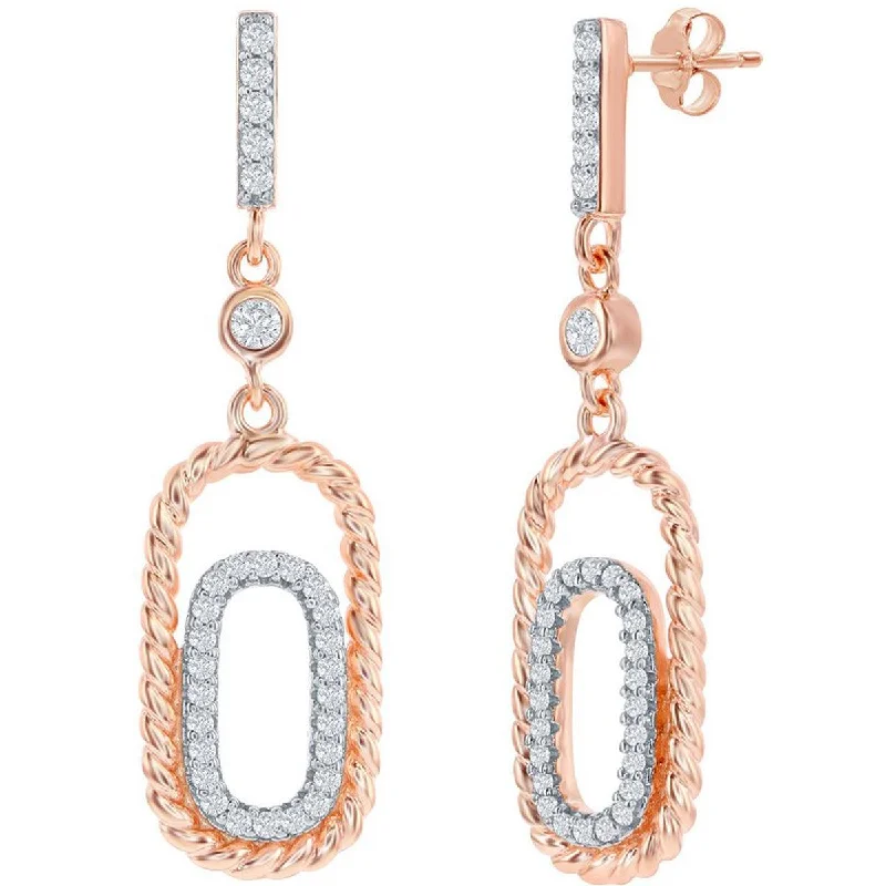 oversized chunky ladies earrings-Classic Women's Earrings - Rose Gold Plated Double Rectangle White CZ Stone | D-8154