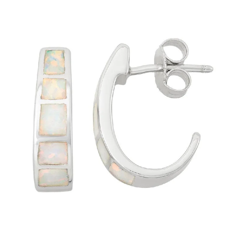 opal gemstone ladies earrings-Sterling Silver White Inlay Opal Huggie Hoop Earrings