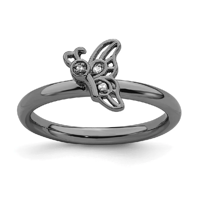 unique handcrafted engagement ring for women-Sterling Silver Stackable Expressions Black-plated Butterfly w/Diamond Ring | QSK1628