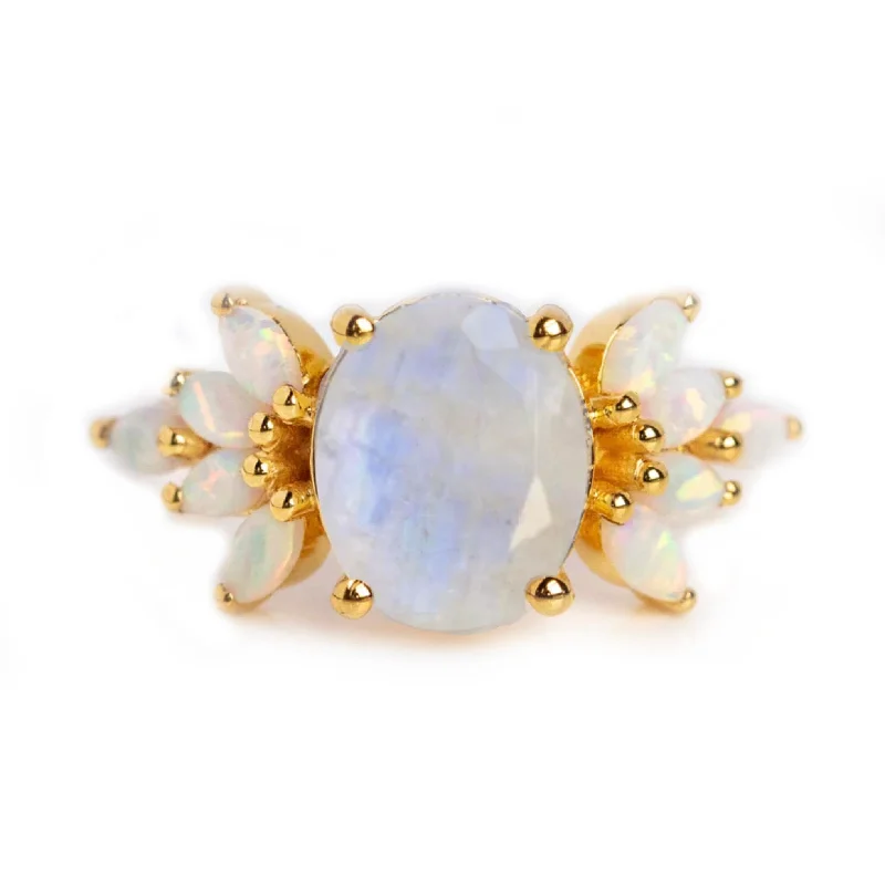 yellow gold ladies ring-Rainbow Moonstone & Opal Candy Crush Ring