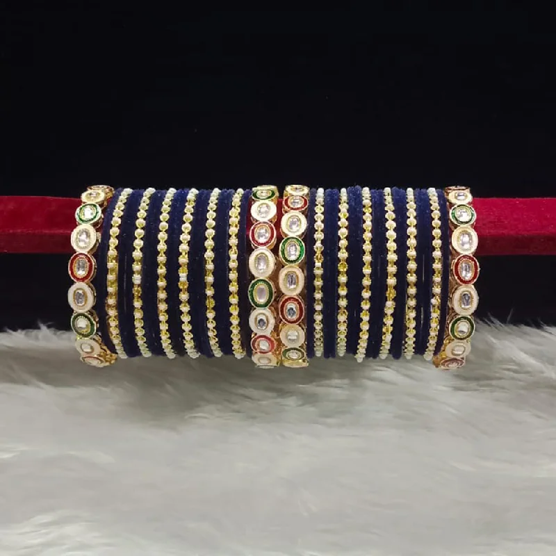 filigree ladies bracelet-Pooja Bangles Gold Plated Kundan Stone And Meenakari Velvet Bangles Set