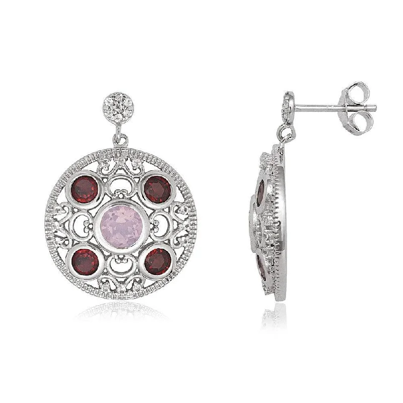 silver ladies earrings-Sterling Silver Red and Pink Topaz Circle Earrings