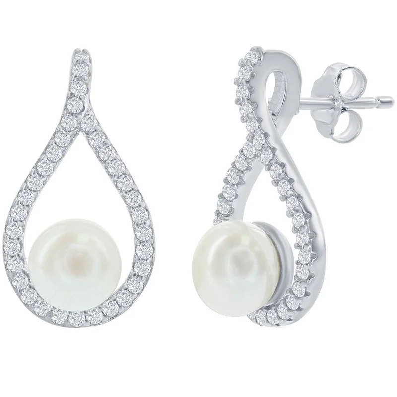 artistic handmade ladies earrings-Classic Women's Earrings - Sterling Silver Pearshaped CZ with Round Pearl | D-7322