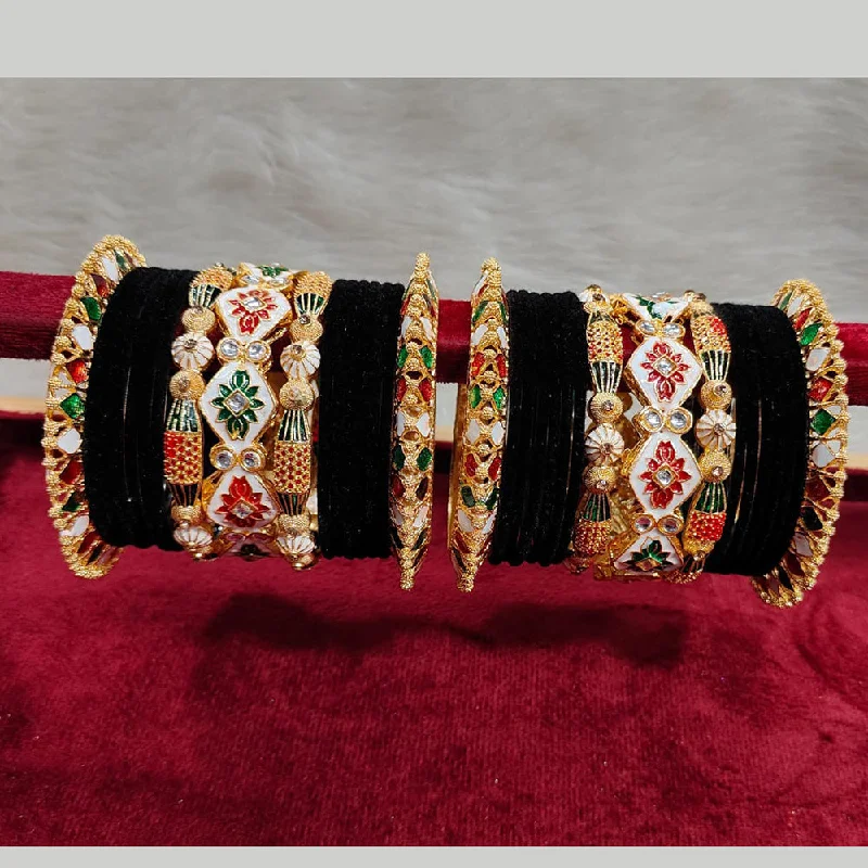 spiral twist ladies bracelet-Pooja Bangles Gold Plated Kundan Stone And Velvet Bangles Set