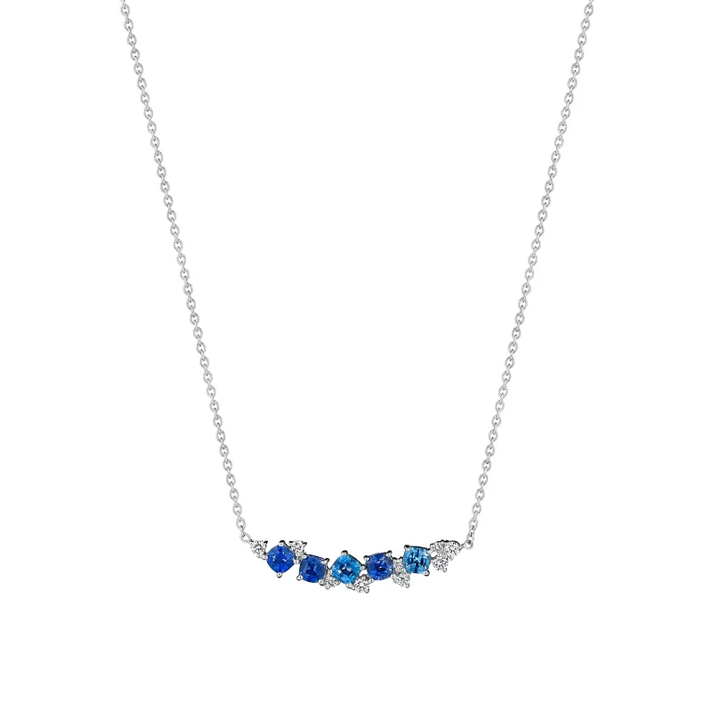 nameplate ladies necklace-Blue Sapphire Watercolor Confetti Bar Necklace with Diamonds