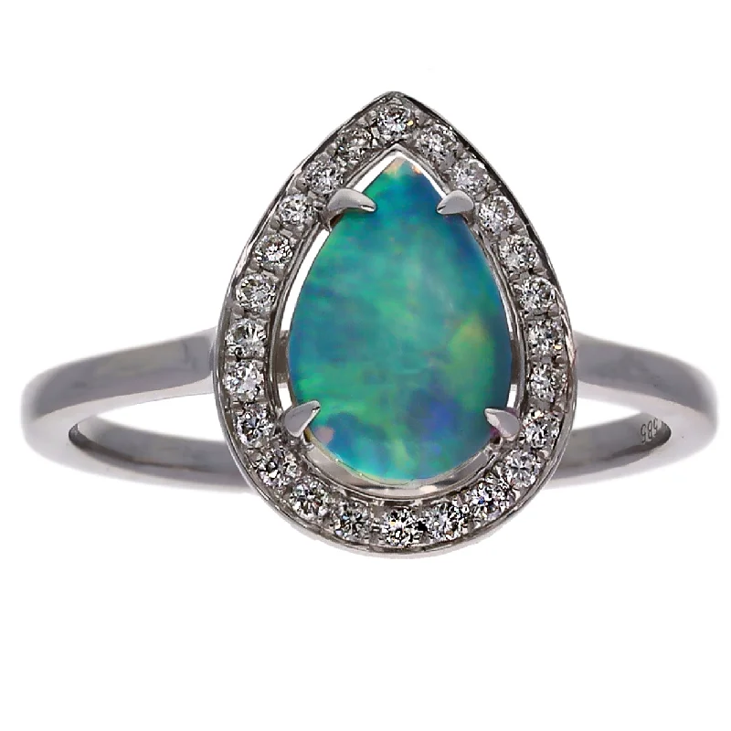 floral halo ladies ring-14K White Gold Pear Shaped Opal w/Diamond Halo Ring