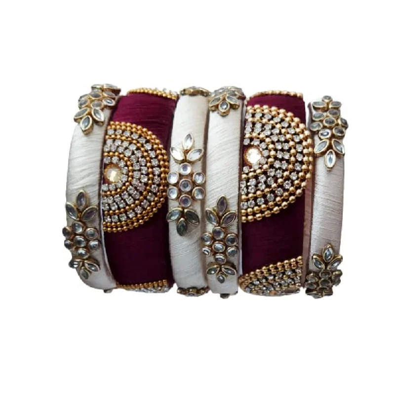 gold ladies bracelet-Darshana Jewels Kundan Work Silk Thread Bangle Kada For Women Girls 6 PC Set Wedding & Festive Occasion Handmade (Maroon-Cream)