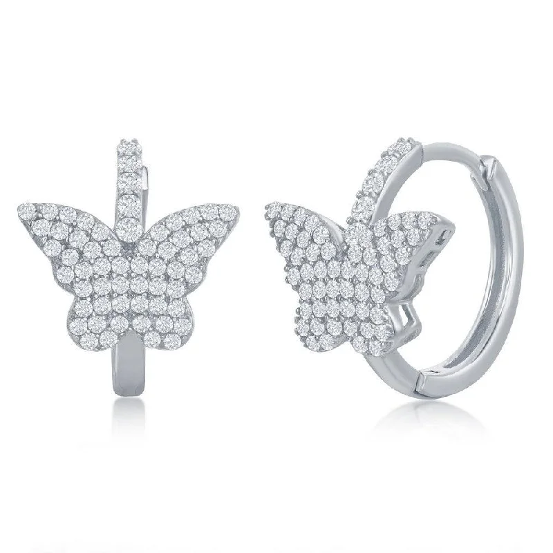 everyday wear ladies earrings-Sterling Silver Micro Pave CZ Butterfly Huggie Hoop Earrings