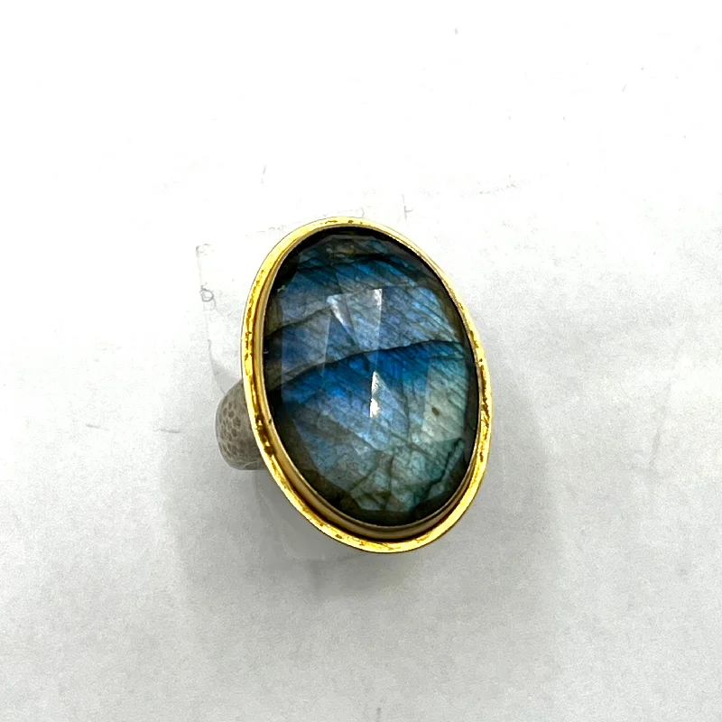 east-west setting ladies ring-Labradorite Sterling Silver with 18 Karat Yellow Gold