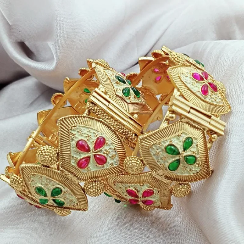 emerald ladies bracelet-Kavita Art Gold Plated Kundan Stone And Meenakari Openable Bangles Set