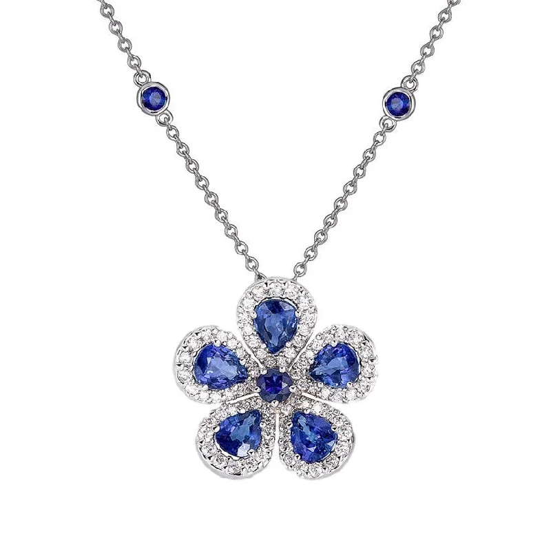 sun and stars ladies necklace-Classic Flower Necklace with Blue Sapphires and Diamonds